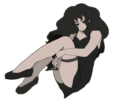 a black haired girl in a black slip dress and flats shoes sitting and looking at the viewer